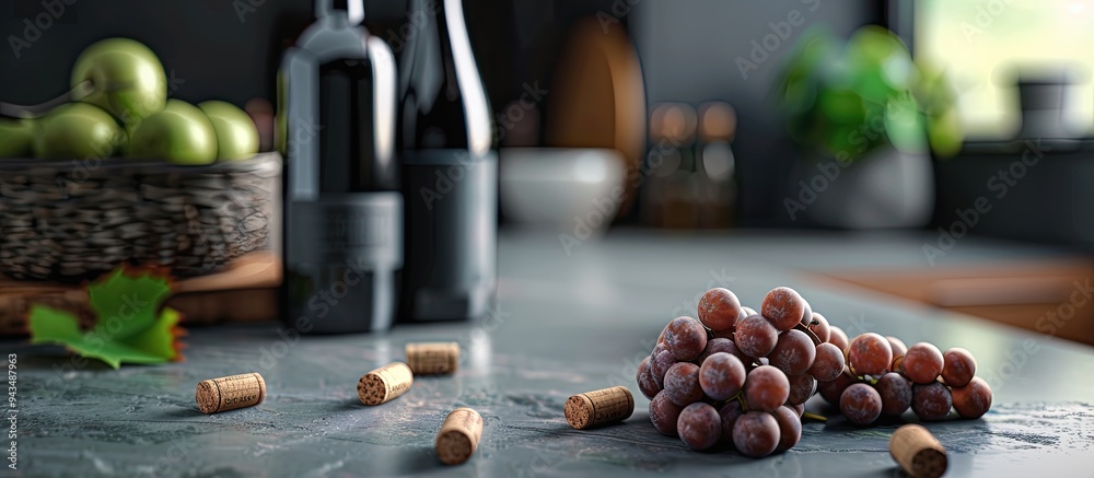 Aufkleber Grape shaped wine corks and a bottle on a gray table with copy space image