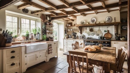 cozy farmhouse kitchen with wooden beams, rustic cabinetry, and a large farmhouse sink.