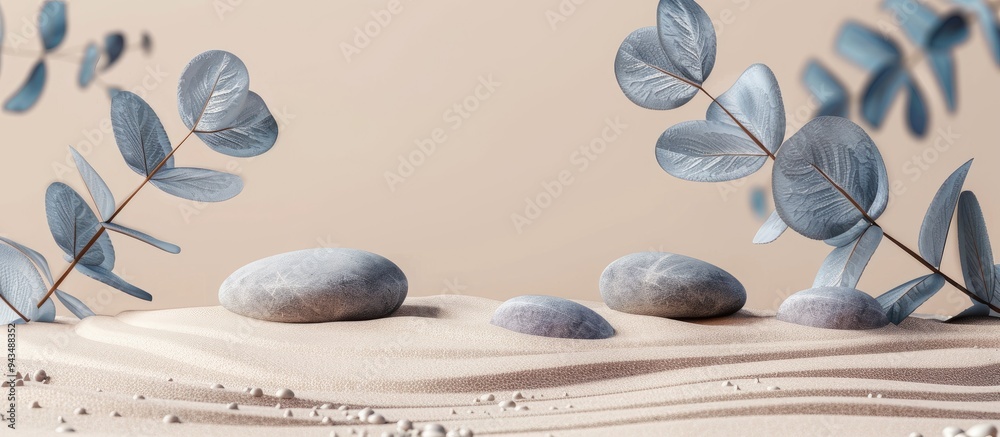 Aufkleber minimalistic background with round rock stones blue eucalyptus branches and beige sand ideal for pro
