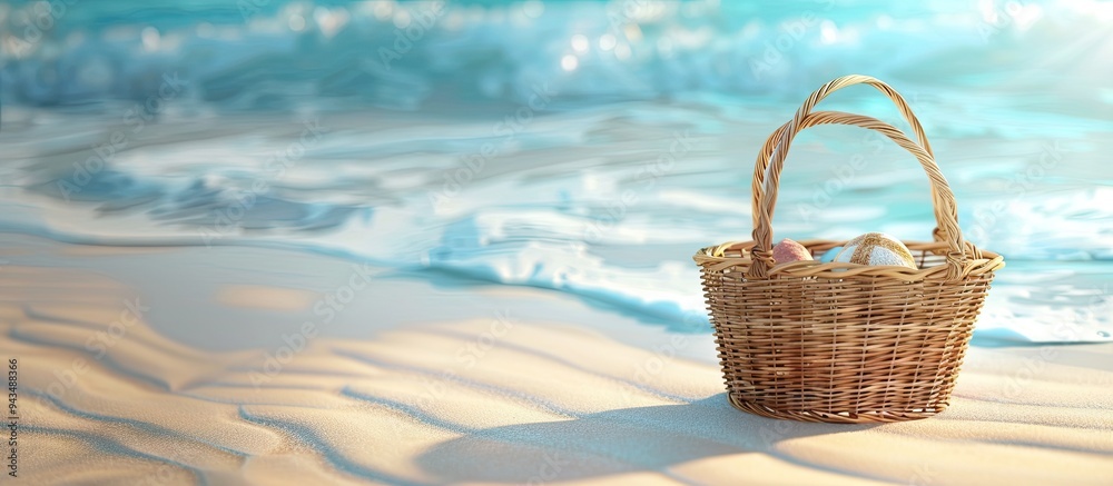 Poster Sandy beach backdrop with a vacant summer picnic basket ideal for displaying items signaling a summer theme with ample copy space image
