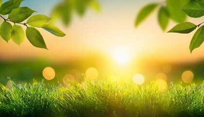 Obraz premium a summer sunset sunrise background with lush green foliage and orange glow sky with blurred spring bokeh highlights generative ai