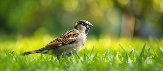 Bird perched on green grass with a blurry backdrop providing empty space for writing or images. Creative banner. Copyspace image