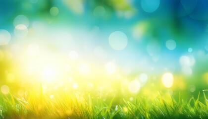 abstract bright gradient motion spring or summer landscape texture background with natural green blue bokeh lights and yellow bright sunny sky beautiful backdrop with space for design