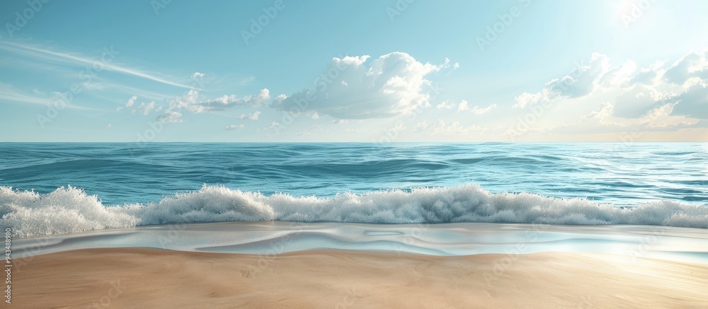Aufkleber a serene scene with beige sand and a tranquil blue sea under the sunny sky ideal for adding a copy s