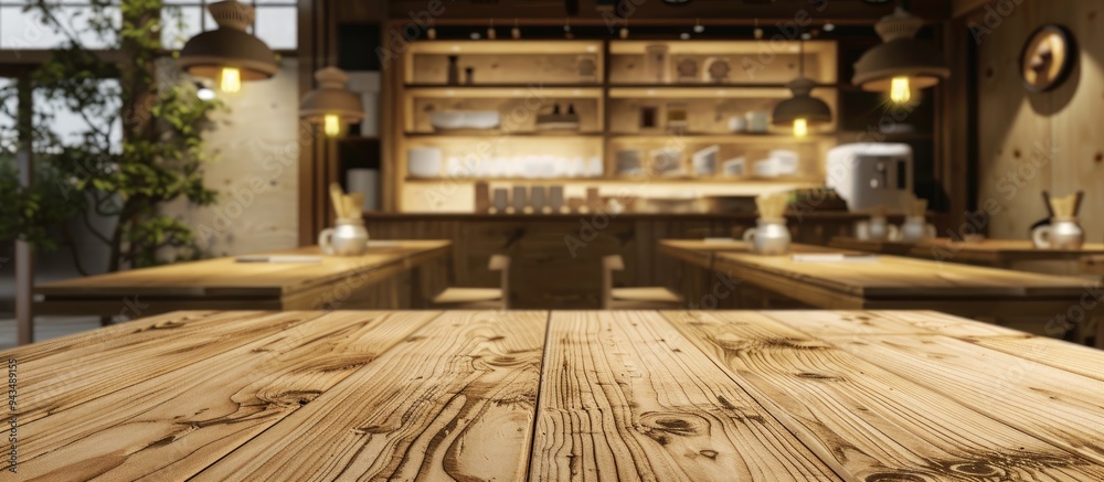 Poster empty wooden counter and shelf surface over a blurred restaurant background ideal for displaying pro