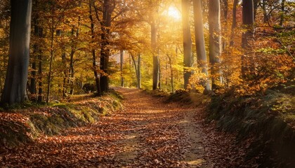 Experience the Magic of Autumn: A Forest Path Covered in Vibrant Leaves Bathed in Sunlight. Generative AI