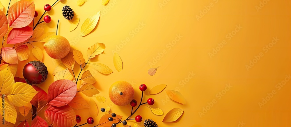 Aufkleber Autumn themed decorations on paper circle against yellow background with copy space image