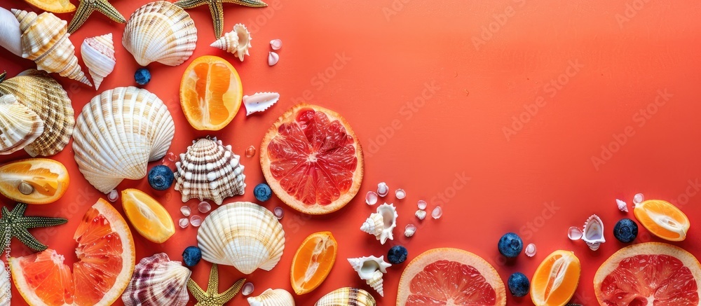Fototapete a flat lay image depicting summer vibes with a mix of seashells fruits and trendy accessories on a t