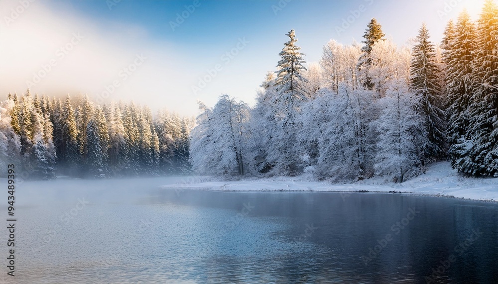 Canvas Prints snowy forest and shore near the lake light frosty haze over water from cold