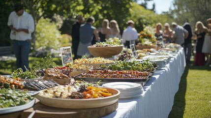 long, buffet-style serving table at a casual outdoor event