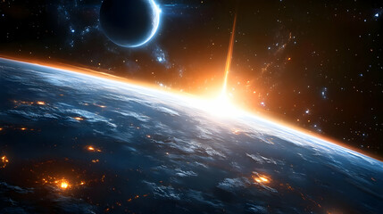 Obraz premium A breathtaking view of a planet with a bright sun and a moon in the background, with stars scattered across the dark expanse of space.