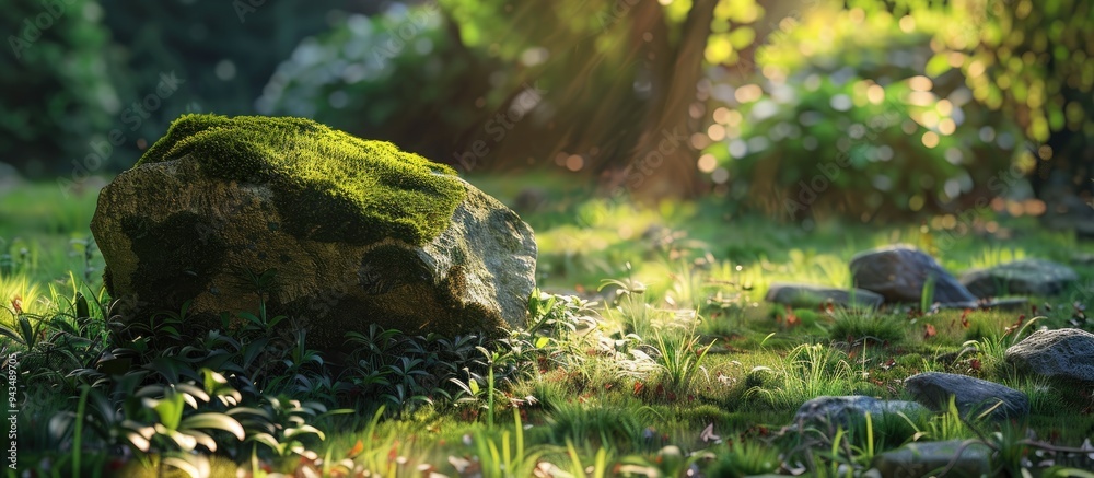 Aufkleber A serene corner in the park with a moss covered stone surrounded by low plants under the warm sun creating a tranquil still life scene with copy space image