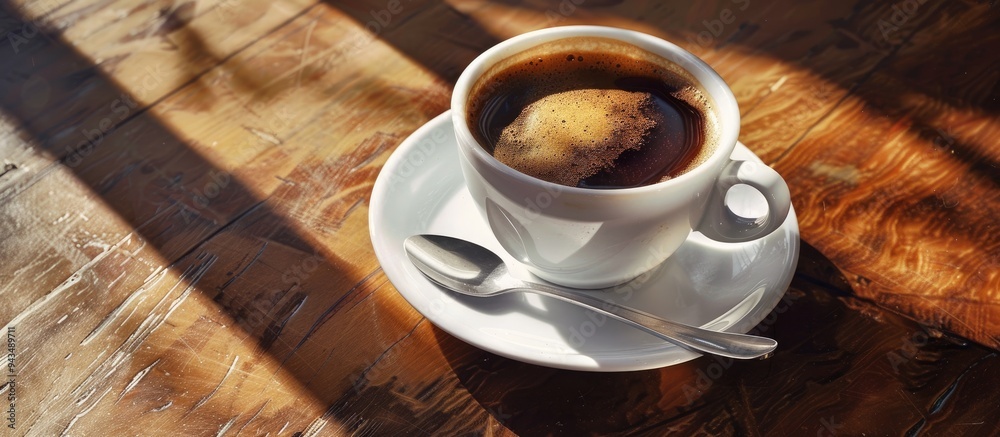 Poster an elegant dining table setting showcasing a cup of black coffee accompanied by a spoon leaving room