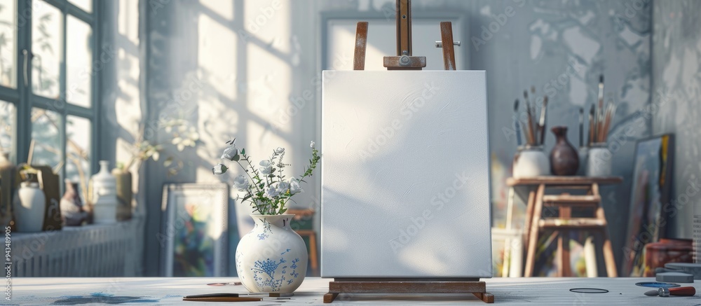 Poster artist s workplace with ceramic vase brushes easel and blank canvas in the background ideal for a co