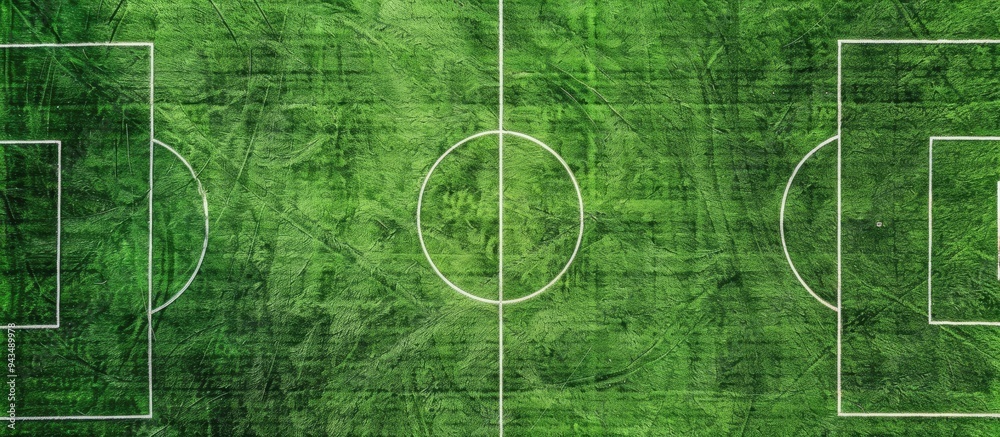 Poster A top view of a soccer football field with green artificial grass white boundary lines and a clear area for text or graphics. Creative banner. Copyspace image