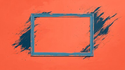 An empty blue frame against a vibrant orange wall with dynamic paint splashes.