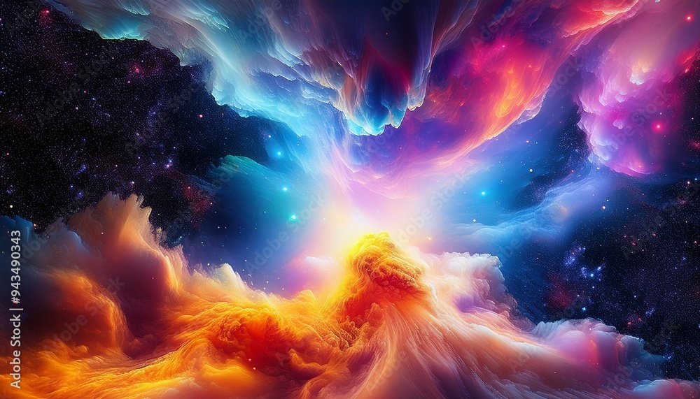 Wall mural vibrant cosmic explosion of colorful abstract fluid art in galactic space background