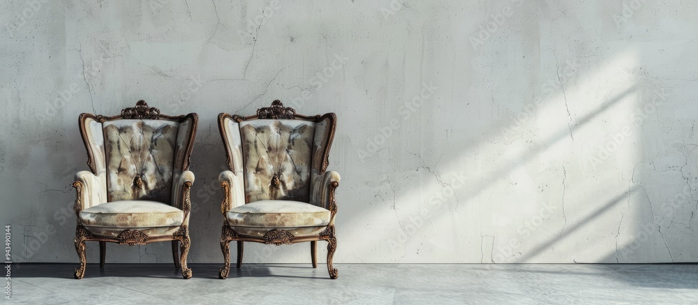 Poster a pair of antique chairs placed on a plain concrete surface with copy space image