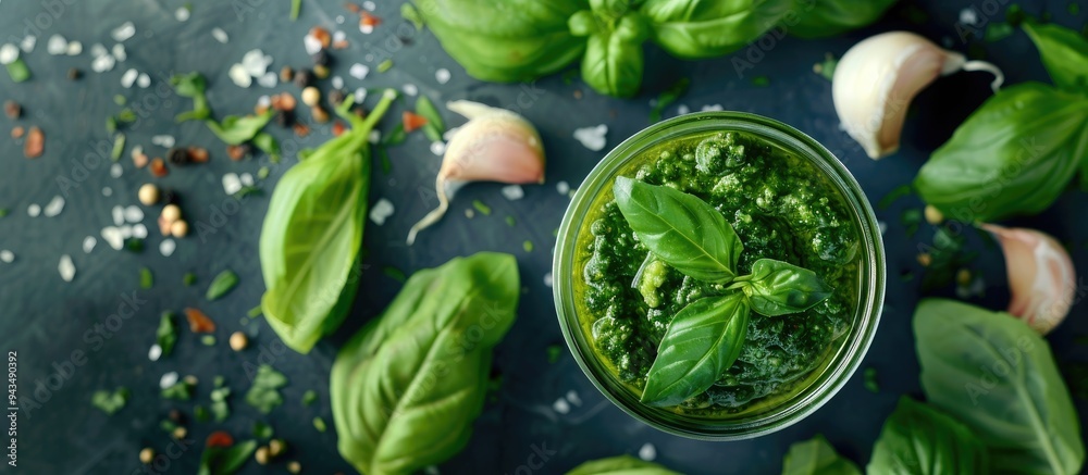 Poster fresh basil leaves and garlic are arranged around a glass jar of pesto sauce in a visually appealing