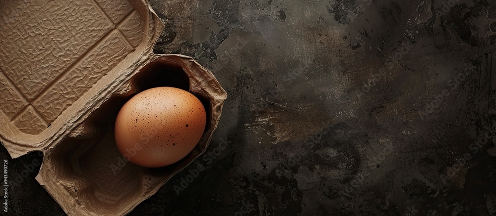 Poster egg in carton box on a dark textured background with space for copy image