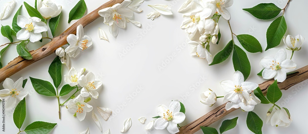 Poster white background with jasmine flowers and bark ideal for hair treatment creating an appealing flat l