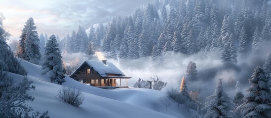 A charming cabin surrounded by snowy trees on misty mountain slope with copy space image
