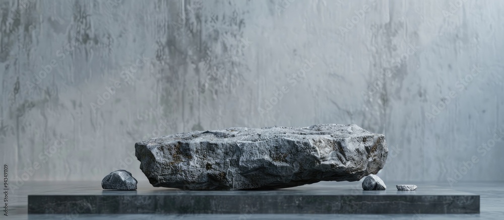 Aufkleber Stone podium with rocks and snags on grey background ideal for showcasing products with a wabi sabi aesthetic Features copy space image in a frontal perspective
