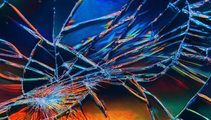 Fototapeta premium glitch overlay damaged screen dust scratches texture colorful digital noise design on blue glass shattered display surface with rainbow orange red artifacts stains