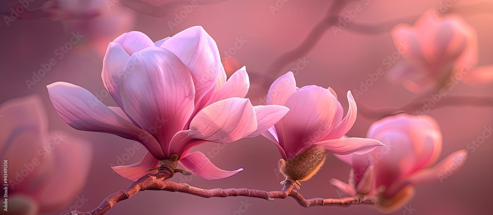 Fototapete a pink magnolia flower in full bloom showcasing wide petals with a gradient fading from dark pink to