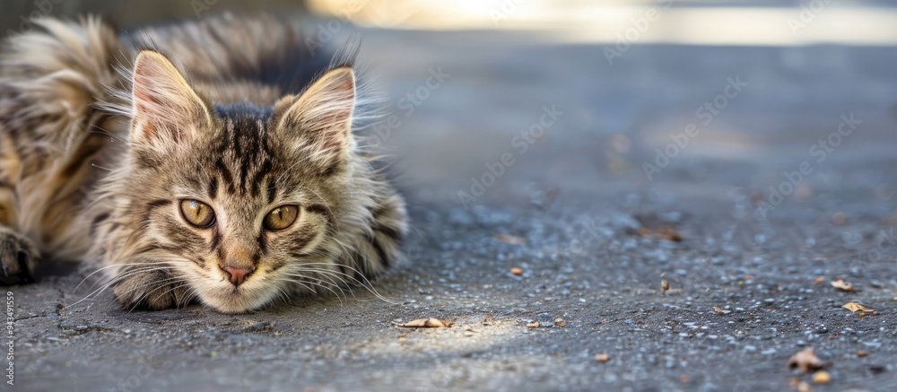 Poster A charming unowned kitty resting on the pavement with a blank backdrop for text or other visual elements perfect for any design that requires a copy space image