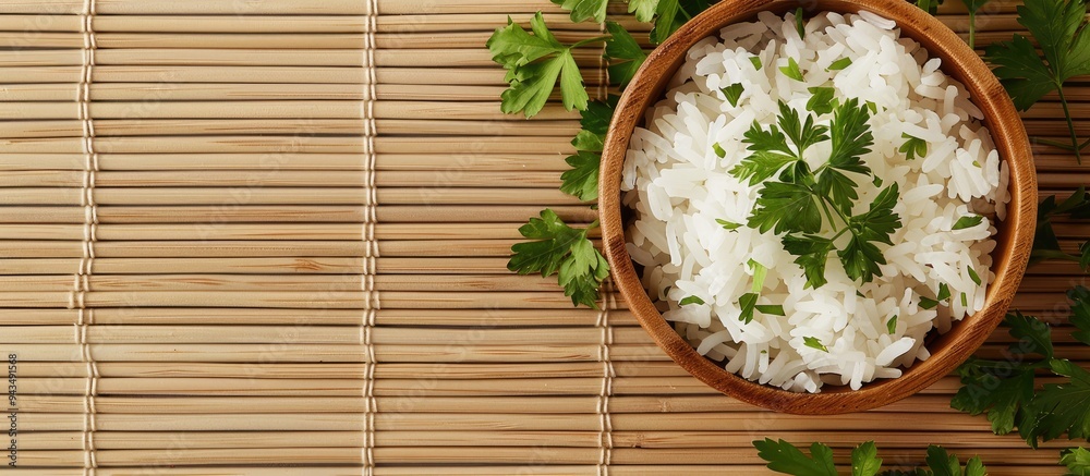 Fototapete Top view of appetizing boiled rice bowls garnished with parsley on a bamboo mat suitable for adding text in the copy space image