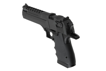 Powerful large caliber pistol. Silver pistol 50 caliber with black grip. Isolate on white back