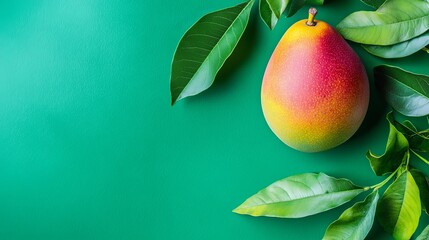 A vibrant mango fruit with green leaves on a green background.