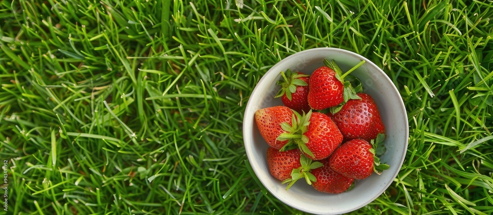 Poster top down view of a bowl with a fresh ripe red strawberry placed on lush green grass portraying a sum