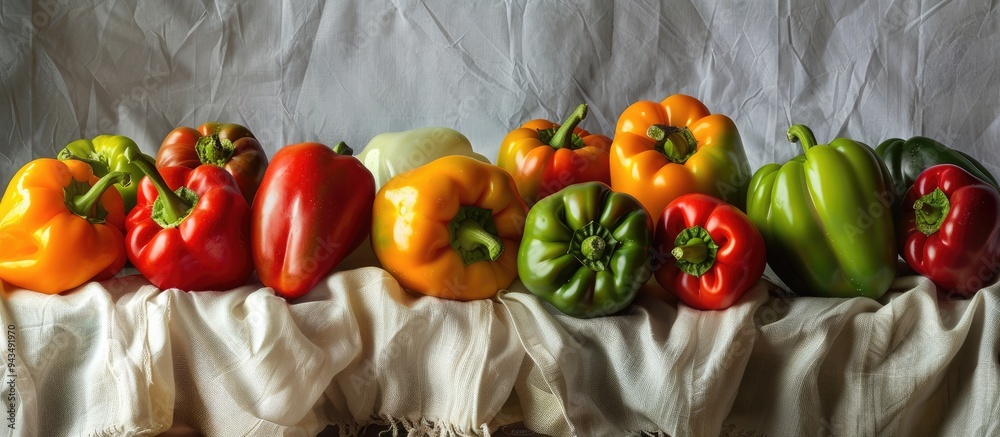 Poster colorful bell peppers nicely arranged on a linen cloth with available copy space image