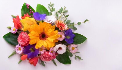 Obraz premium a bouquet of colorful flowers on a white surface with green leaves and flowers in the center