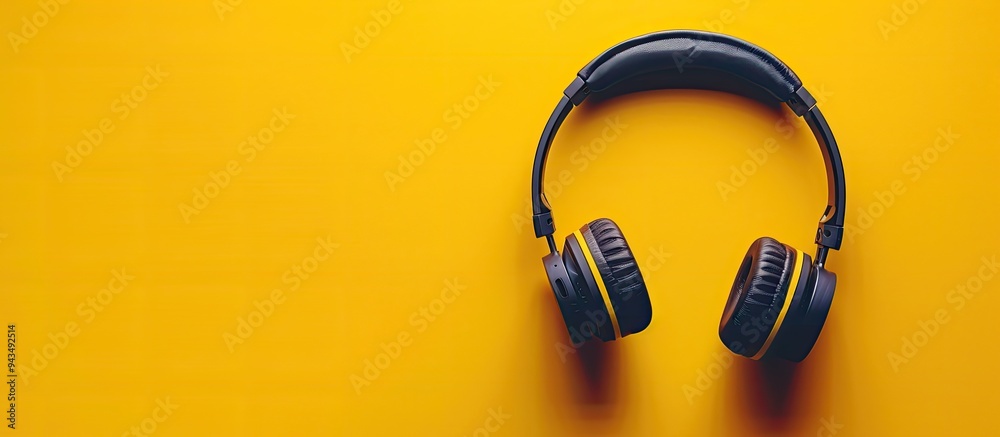 Aufkleber top view of headphones on a yellow backdrop with room for a copy space image