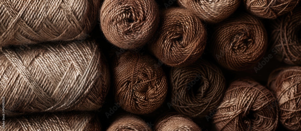 Poster Knitting pattern rolls with a blend of brown hues are displayed in a copy space image