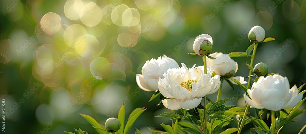 Fototapete blooming white peonies close up in a spring garden with a green natural background creating a beauti