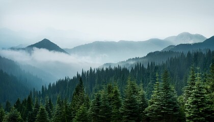 Fototapeta premium mountain forest background with fog around trees dark green panorama walpaper background gernerative ai panorama