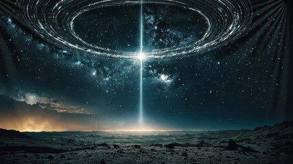 Night sky over a rocky landscape with a prominent, bright celestial phenomenon