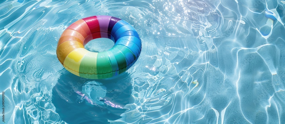 Aufkleber Top view of a colorful rainbow inflatable ring floating in a swimming pool ideal for design projects perfect copy space image for a summer vacation themed hotel spa resort ad showcasing beach and wate