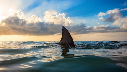 Fototapeta premium a shark fin protruding from the water against a backdrop of a bright partly cloudy sky in the ocean