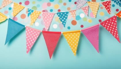 Obraz premium colorful bunting banner with polka dots and stripes a vibrant bunting banner made up of colorful flags with polka dots and stripes is displayed against a solid background