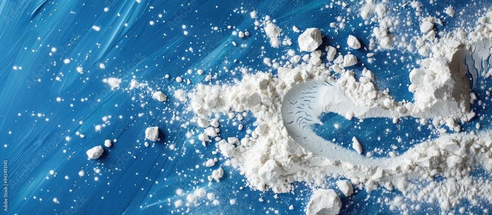 Poster copy space image of flour spilt on a blue surface