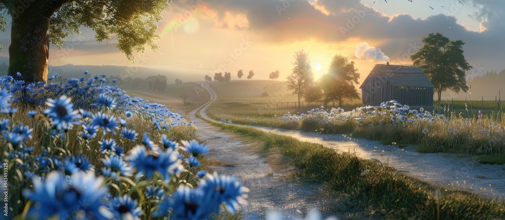 Poster cornflowers blossoming in a field next to a rural road with a scenic backdrop for a copy space image