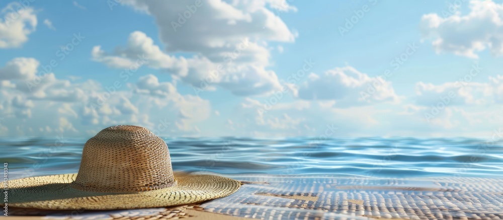 Aufkleber Sandy beach with a summer straw hat on a beach mat against a sea and blue sky background providing a view for a copy space image Perfect for showcasing products