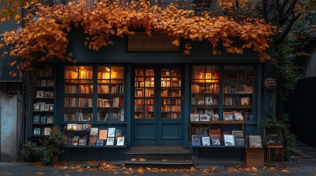 A cozy bookshop adorned with autumn leaves on a charming city corner during dusk