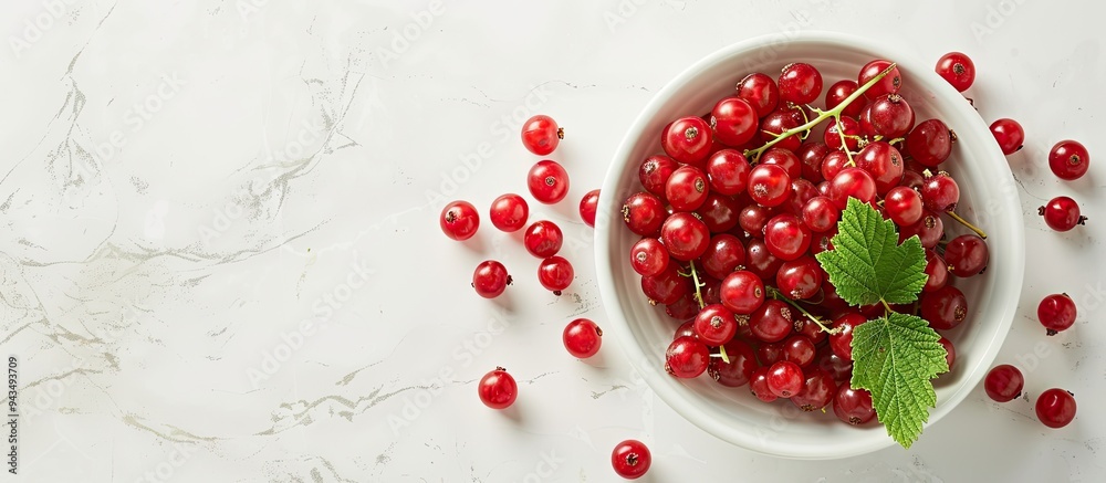 Poster top down view of a bowl on a white table containing fresh red currants and leaves with ample copy sp