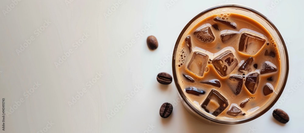 Poster latte iced coffee presented on a white backdrop highlighting the concept of isolation with copy spac